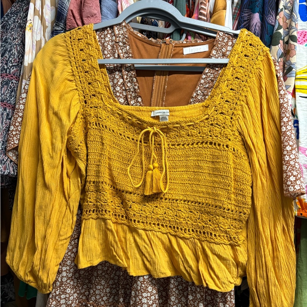 American Eagle Outfitters Mustard Crochet-Front Peasant Blouse